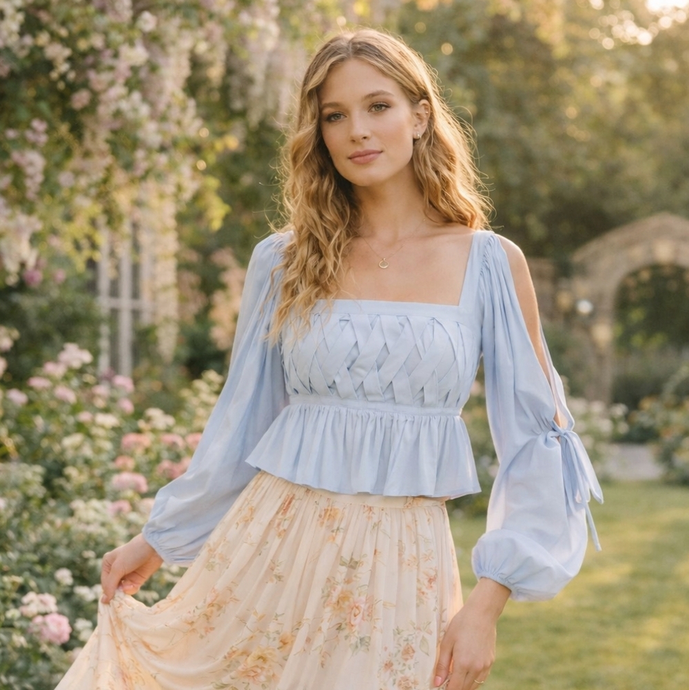 Le Lis Romantic Blue Smocked Peplum Blouse Cottagecore Bridgerton Garden Top SZ